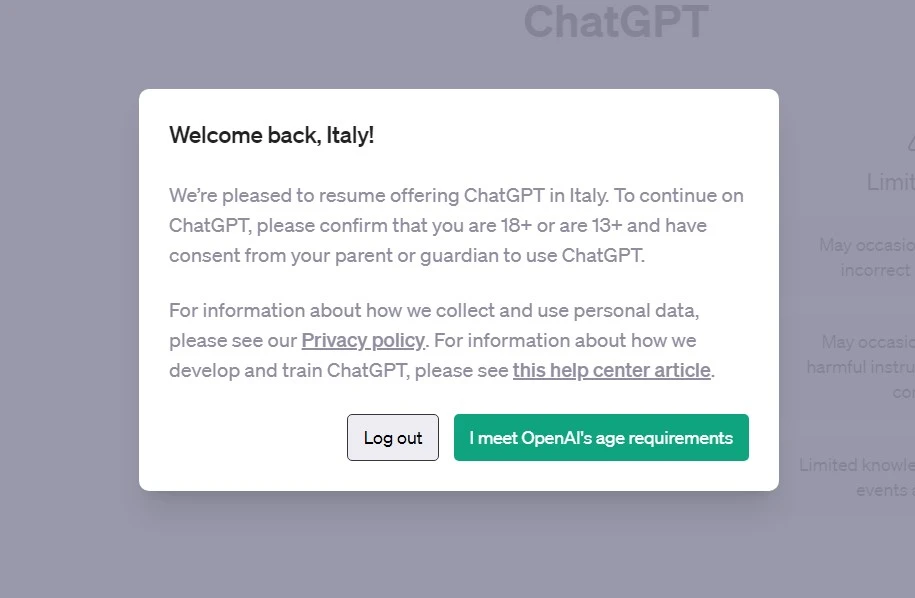 Screenshot del nuovo avviso in ChatGPT