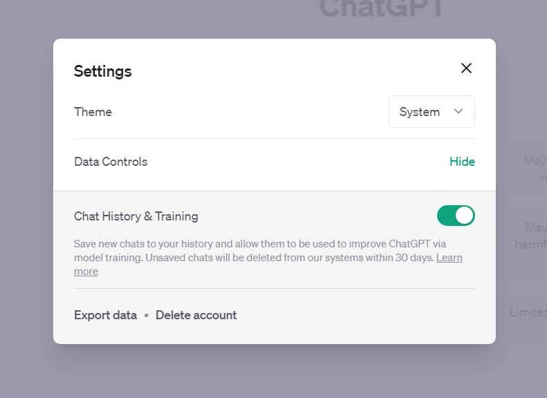 Screenshot delle nuove impostazioni in ChatGPT
