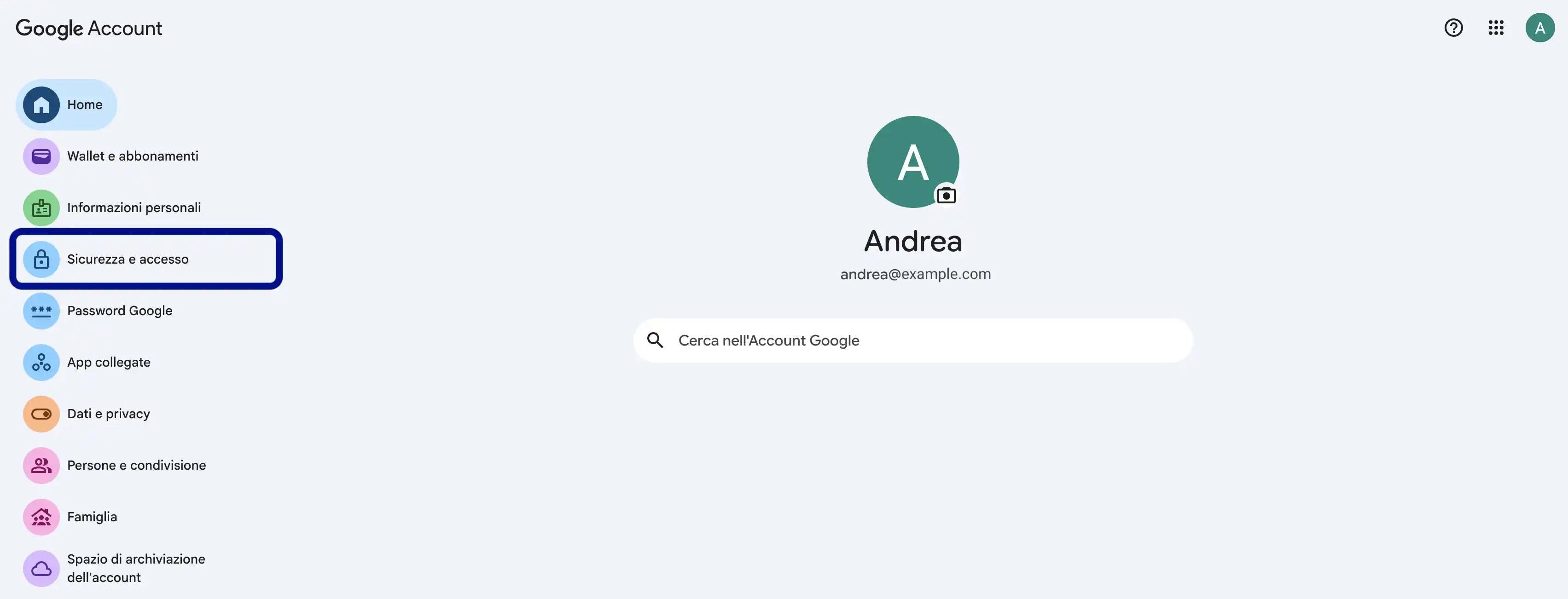Sezione sicurezza dell'account Google