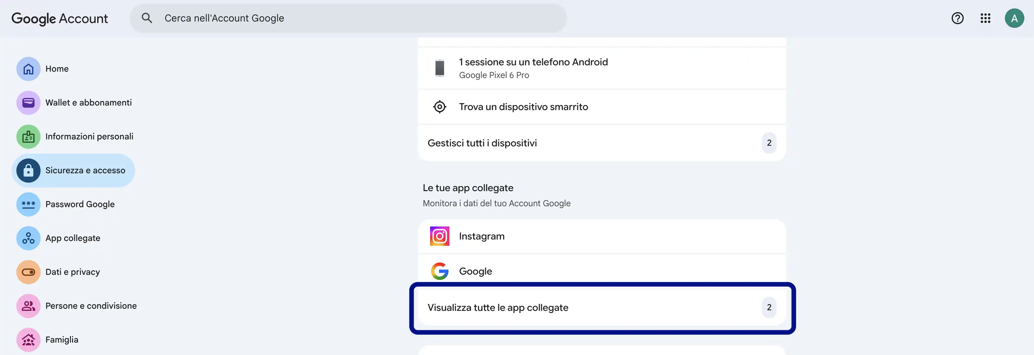 Sezione "I tuoi collegamenti con app e servizi di terze parti" dell'account Google