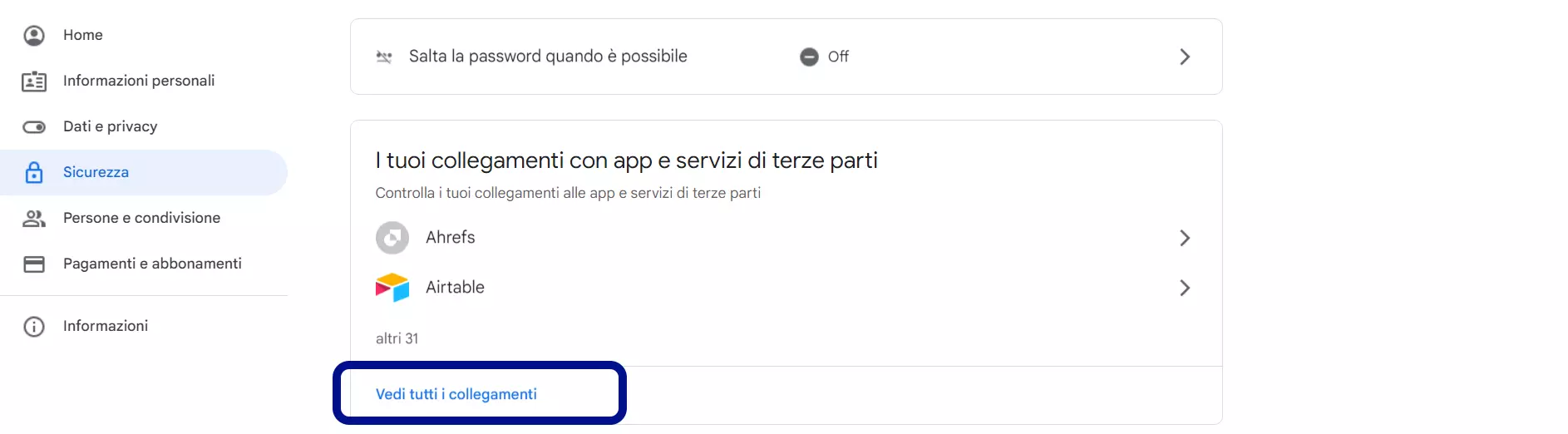 Sezione "I tuoi collegamenti con app e servizi di terze parti" dell'account Google