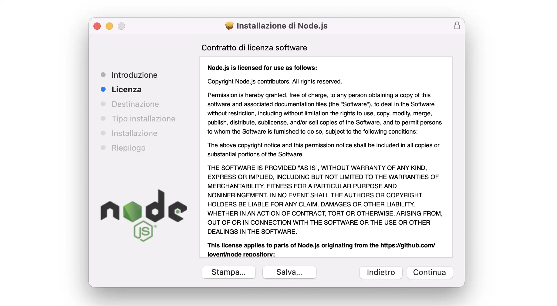 Accettare la licenza di Node.js su Mac