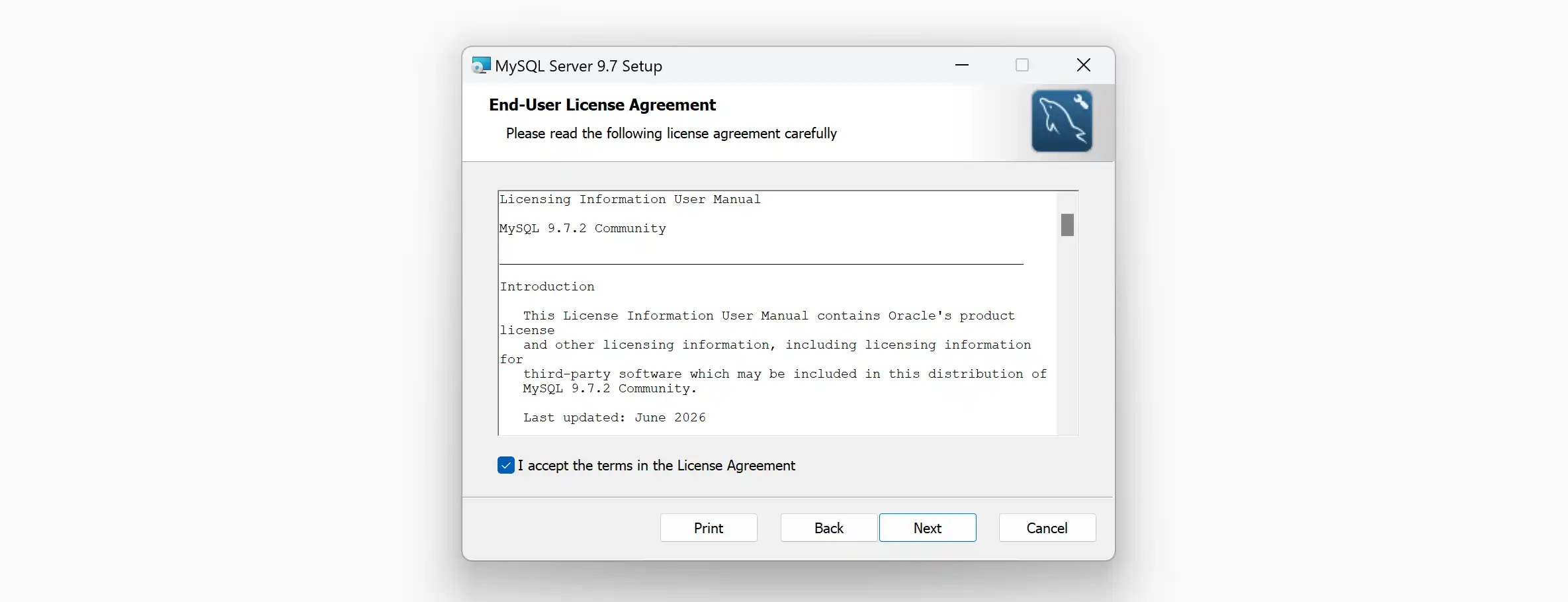 Accettare la licenza per installare MySQL