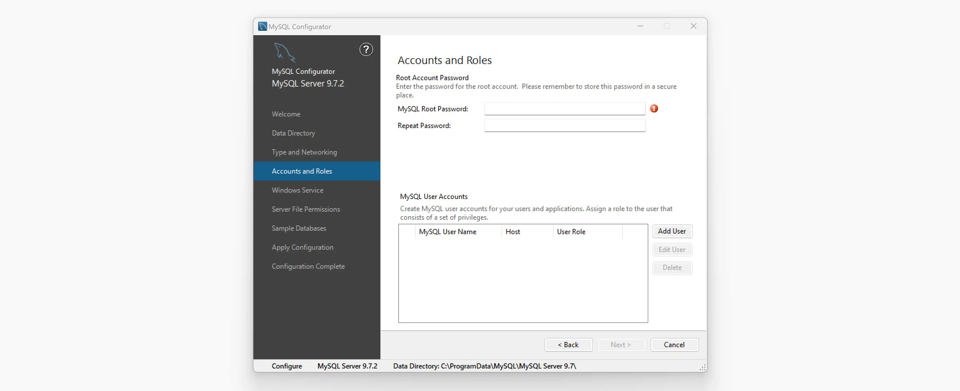 Scegliere la root password
